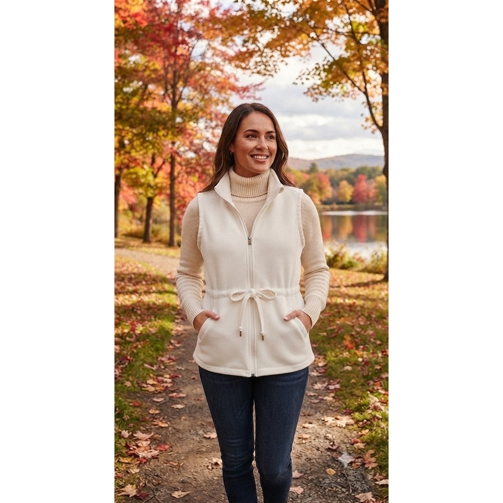 UGG Cream Fleece Full Zip Drawstring Waist Mock Neck Pockets Fleece Vest Sz L